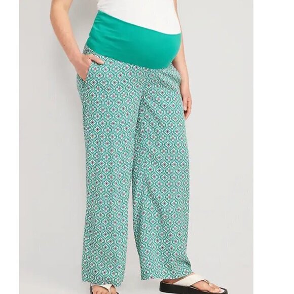Old Navy maternity Foldover-Waist Playa Soft-Spun Wide-Leg Pants Tiled Green L - Picture 1 of 11
